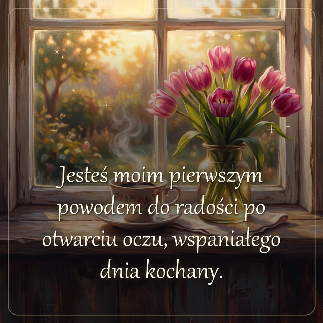 Kartka z życzeniem: Jesteś moim pierwszym powodem do radości po otwarciu oczu, wspaniałego dnia kochany.