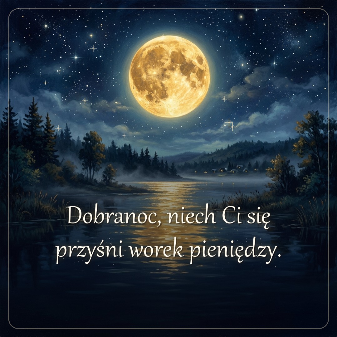 Kartka z życzeniem: Dobranoc, niech Ci się przyśni worek pieniędzy.