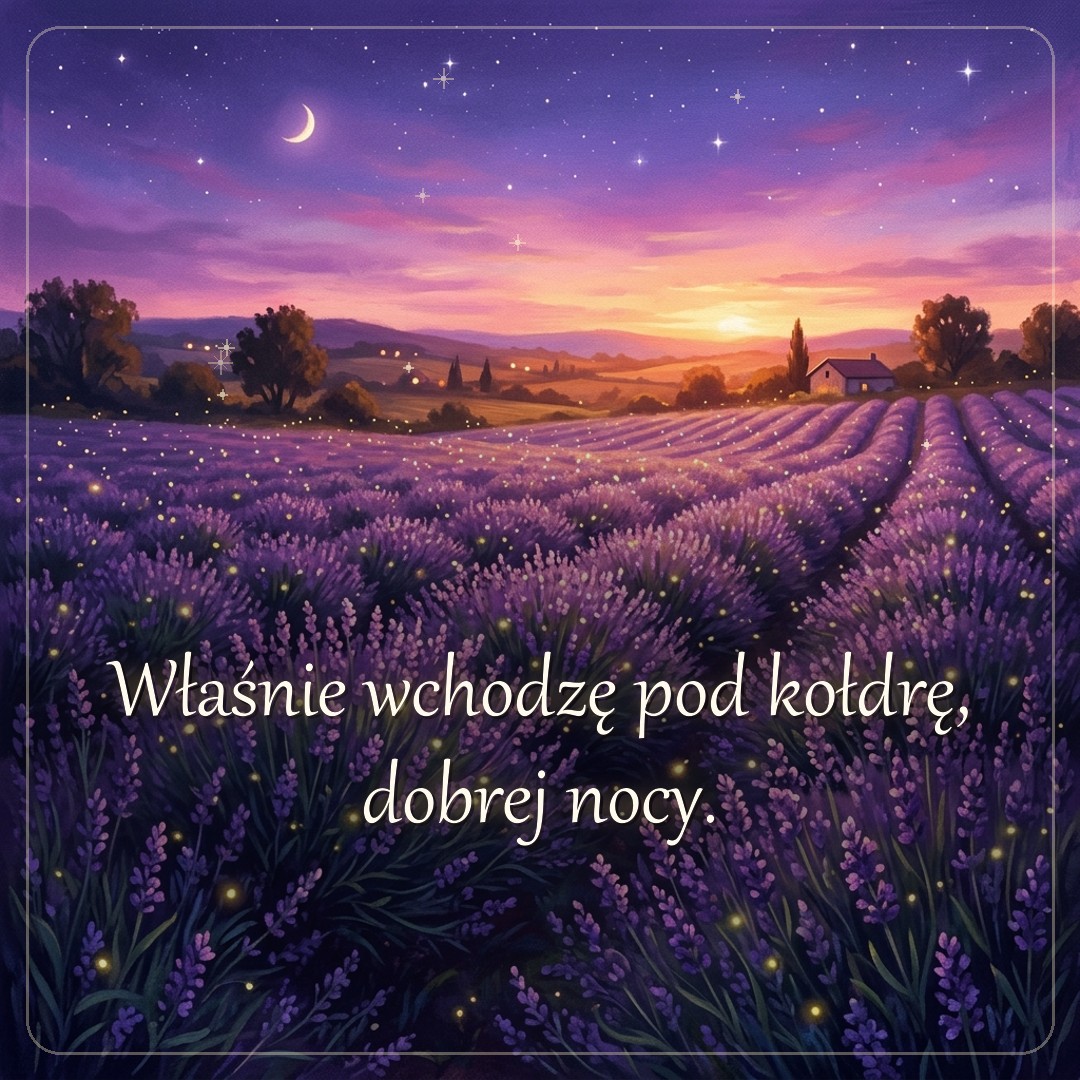Kartka z życzeniem: Właśnie wchodzę pod kołdrę, dobrej nocy.