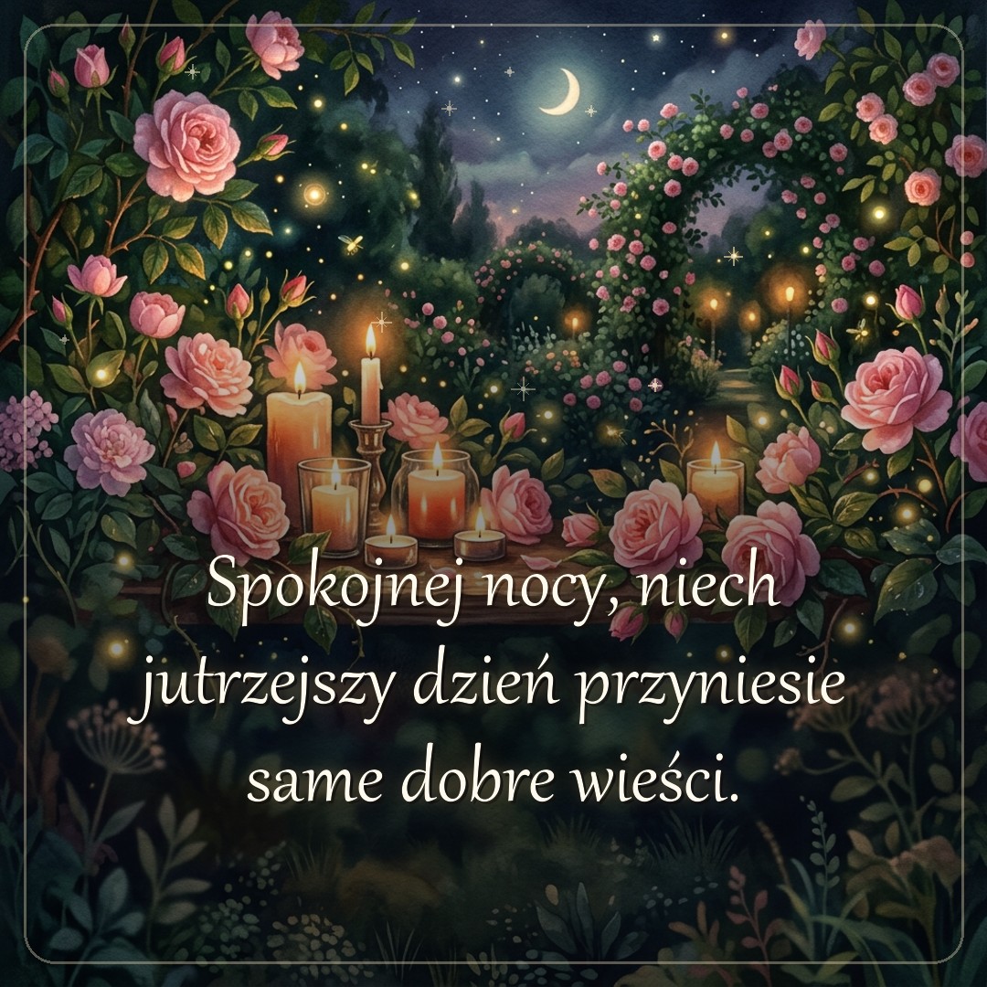 Kartka z życzeniem: Spokojnej nocy, niech jutrzejszy dzień przyniesie same dobre wieści.
